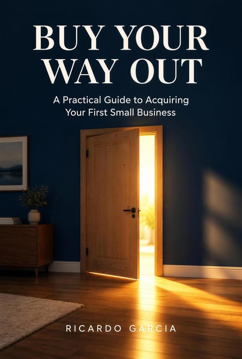 Book cover: Buy Your Way Out by Ricardo Garcia. A wooden door opens onto warm golden light in a deep navy room.